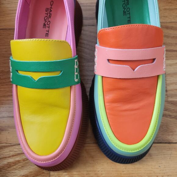 Charlotte Stone Adam Mismatch Rainbow Chunky Loafers Size 10 Womens Leather - Picture 10 of 14